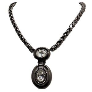 Vintage 1980s Signed Givenchy Hematite Finish Clear Rhinestone Pendant Necklace